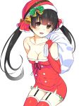  1girl bag bell black_hair blush breasts brown_eyes carrying_over_shoulder christmas cleavage collarbone covered_navel dress elbow_gloves garter_straps gloves hair_bell hair_ornament hat long_hair looking_at_viewer open_mouth panties pantyshot pantyshot_(sitting) peragura pom_pom_(clothes) red_dress red_gloves red_legwear santa_costume santa_hat short_dress sitting skin_tight smile solo strapless strapless_dress taut_clothes thigh-highs twintails underwear white_background 