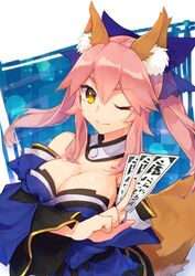  1girl ;) agsen animal_ears bare_shoulders between_fingers blue_bow blue_dress bow breasts brown_eyes card caster_(fate/extra) cleavage closed_mouth collar detached_collar detached_sleeves dress eyebrows eyebrows_visible_through_hair fate/extra fate_(series) fox_ears fox_tail hair_between_eyes hair_bow head_tilt holding holding_card large_breasts long_hair long_sleeves looking_at_viewer one_eye_closed pink_hair sidelocks smile solo strapless strapless_dress tail thick_eyebrows twintails upper_body 