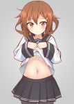  1girl anchor_symbol black_legwear blush brown_eyes brown_hair hair_ornament hairclip ikazuchi_(kantai_collection) kantai_collection looking_at_viewer mobu navel neckerchief pantyhose pleated_skirt school_uniform serafuku shirt_lift short_hair skirt solo stomach 