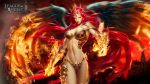  1girl artist_request black_wings breasts cleavage crown fire league_of_angels league_of_angels_ii long_hair navel red_eyes redhead very_long_hair wings 