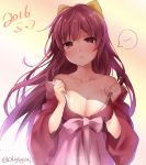  1girl 2016 bangs bare_shoulders blush bow breasts chiyingzai cleavage closed_mouth collarbone dated eyebrows eyebrows_visible_through_hair frown gradient gradient_background hair_bow hakama japanese_clothes kamikaze_(kantai_collection) kantai_collection kimono large_breasts long_hair looking_at_viewer meiji_schoolgirl_uniform off_shoulder purple_hair simple_background sketch solo spoken_squiggle squiggle twitter_username upper_body very_long_hair violet_eyes 
