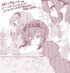  3girls akizuki_(kantai_collection) alabaster_(artist) artist_name braid closed_eyes cup eating from_side greyscale hachimaki hair_flaps hairband hanten_(clothes) hatsuzuki_(kantai_collection) headband highres kantai_collection kotatsu long_hair looking_at_another looking_away monochrome multiple_girls open_mouth pillow short_hair sleeping table teacup teruzuki_(kantai_collection) translation_request 