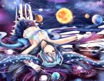  1girl blue_eyes blue_hair gloves hatsune_miku head_wreath long_hair lying nikek96 on_back pantyhose planet skirt solo star striped striped_legwear sun twintails vertical-striped_legwear vertical_stripes very_long_hair vocaloid 