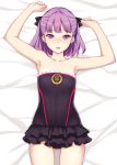  1girl armpits arms_up ass_visible_through_thighs bangs bed_sheet blush collarbone dress fate/grand_order fate_(series) hair_ribbon helena_blavatsky_(fate/grand_order) lintanghaseo looking_at_viewer lying on_back open_mouth purple_hair ribbon short_hair skirt sleeveless solo strapless strapless_dress violet_eyes 