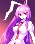  1girl animal_ears breasts commentary_request large_breasts long_hair looking_at_viewer miata_(pixiv) necktie puffy_short_sleeves puffy_sleeves purple_hair rabbit_ears red_eyes reisen_udongein_inaba shirt short_sleeves solo touhou upper_body urban_legend_in_limbo very_long_hair 
