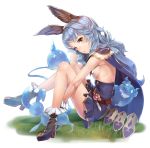  1girl animal_ears belt blue_hair boots breasts brown_eyes cape earrings ferry_(granblue_fantasy) gloves granblue_fantasy grass jewelry konnyaku_(kk-monmon) long_hair looking_at_viewer rabbit_ears shiny shiny_skin sideboob sitting skirt sleeveless slime solo wavy_hair 