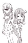  2girls ;q ahoge alternate_costume apron cyclops enmaided frilled_apron frills greyscale hand_on_hip hand_on_own_knee hitomebore holding_tray leaning_forward looking_at_viewer lynte maid monochrome multiple_girls one-eyed one_eye_closed puffy_short_sleeves puffy_sleeves short_hair short_sleeves simple_background thigh-highs tongue tongue_out tray tsunemi_akemi usui_sachi v_arms waist_apron white_background winking 