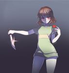 1girl 4b bangs blood blood_on_face breasts brown_hair chara_(undertale) closed_mouth collarbone cowboy_shot dress eyebrows eyebrows_visible_through_hair gradient gradient_background holding holding_knife holding_weapon knife looking_at_viewer red_eyes shaded_face short_hair short_sleeves smile solo sparkle thighs twitter_username undertale weapon