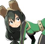  1girl 3: absurdres all_fours arched_back asui_tsuyu bangs belt beltskirt black_hair blush bodysuit boku_no_hero_academia breasts closed_mouth enami_katsumi eyelashes from_side goggles goggles_on_head green_eyes hair_between_eyes highres lips long_hair looking_at_viewer looking_to_the_side low-tied_long_hair simple_background solo studded_belt very_long_hair white_background 