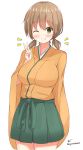  1girl alternate_hairstyle breasts brown_eyes brown_hair chaa_(korone-ze) hakama_skirt highres hiryuu_(kantai_collection) japanese_clothes kantai_collection large_breasts one_eye_closed short_hair short_twintails smile solo twintails twitter_username v 