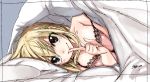  1girl blonde_hair blush breast_press breasts brown_eyes camisole fairy_tail finger_to_mouth looking_at_viewer lucy_heartfilia lying mashima_hiro nose_blush official_art on_side pillow signature sketch solo strap_slip under_covers 