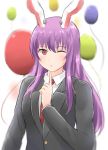  1girl ;o animal_ears balloon blazer blush commentary happy_birthday highres index_finger_raised jacket long_hair long_sleeves looking_at_viewer necktie one_eye_closed purple_hair rabbit_ears red_eyes red_necktie reisen_udongein_inaba shirt sidelocks solo touhou ucukrtz upper_body white_shirt 