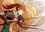  1boy ahoge artist_name feathered_wings feathers fire_emblem fire_emblem_if gloves highres injury long_hair pegasus polearm ponytail red_eyes redhead reropumpkin solo spear teeth tsubaki_(fire_emblem_if) weapon wings 