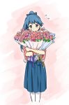  1girl bangs blue_eyes blue_hair bouquet bow carnation commentary flower flying_sweatdrops hair_bow hakama houshou_(kantai_collection) japanese_clothes kantai_collection mother&#039;s_day pantyhose ponytail sakimiya_(inschool) smile solo 
