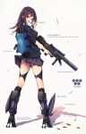  1girl :d blush brown_eyes brown_hair cellphone commentary_request explosive from_behind fukai_ryousuke grenade gun hair_ornament hairclip long_hair looking_at_viewer looking_back open_mouth original phone rifle school_uniform science_fiction smile solo weapon 