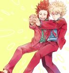  &gt;:( 2boys ^_^ alternate_costume bakugou_katsuki bangs belt blonde_hair blue_shirt boku_no_hero_academia closed_eyes closed_mouth collared_shirt dancing dress_shirt formal green_shirt holding_hands interlocked_fingers jacket kirishima_eijirou long_sleeves male_focus multiple_boys necktie open_mouth outstretched_arm pants red_eyes red_jacket red_necktie red_pants red_shoes redhead reiquil sharp_teeth shirt shoes spiky_hair suit teeth 