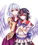  2girls absurdres angel_wings bad_id bad_pixiv_id black_hair bow bracelet braid breasts brown_jacket cowboy_shot dress finger_to_mouth flat_chest french_braid hands_up highres horns jewelry kijin_seija kishin_sagume light_smile multicolored_hair multiple_girls purple_dress red_eyes redhead ribbon-trimmed_collar ribbon_trim sheya short_dress short_hair short_sleeves silver_hair simple_background streaked_hair touhou white_background white_dress white_hair wings 