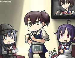  3girls ahoge akatsuki_(kantai_collection) anchor_symbol apron black_legwear commentary dated flashlight flat_cap hair_between_eyes hakama_skirt hamu_koutarou hat kaga_(kantai_collection) kantai_collection karaoke low_twintails microphone multiple_girls muneate neckerchief pantyhose red_eyes remodel_(kantai_collection) school_uniform serafuku side_ponytail sparkle sparkling_eyes spotlight spring_onion taigei_(kantai_collection) tasuki translated twintails 