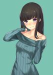  1girl :d aqua aqua_background bangs black_hair blue_eyes blunt_bangs blush breasts cleavage collarbone eyebrows eyebrows_visible_through_hair grin head_tilt highres kagematsuri long_hair long_sleeves looking_at_viewer off-shoulder_sweater open_mouth original ribbed_sweater simple_background smile solo sweater teeth upper_body 