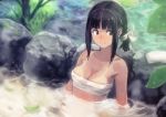  1girl absurdres bathing black_hair breasts cleavage highres light_smile looking_to_the_side okuto onsen original rock sarashi solo steam tan tanline upper_body water 