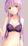  1girl bangs blue_bow blunt_bangs bow bra breasts cleavage collarbone crescent crescent_hair_ornament expressionless groin hair_bow hair_ornament head_tilt long_hair looking_at_viewer navel patchouli_knowledge purple_bra purple_hair ram_hachimin red_bow side_ponytail simple_background solo touhou underwear underwear_only violet_eyes 