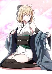  1girl 2015 ahoge arm_warmers artist_name bare_shoulders black_bow black_legwear blonde_hair bow closed_mouth dated expressionless eyebrows eyebrows_visible_through_hair fate_(series) full_body hair_between_eyes hair_bow japanese_clothes kimono long_sleeves looking_at_viewer nina_(pastime) sakura_saber sash short_hair sitting sleeveless sleeveless_kimono solo thigh-highs undressing violet_eyes wariza wide_sleeves yellow_eyes zettai_ryouiki 