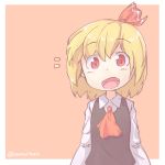  1girl absurdres ascot blonde_hair bow fang hair_bow highres looking_at_viewer open_mouth red_bow red_eyes ribbon rumia shirt short_hair simple_background solo suama_unagi touhou vest white_shirt 