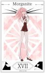  2015 :d androgynous bangs bare_arms bare_legs black_necktie black_shoes black_shorts border character_name cojimama collared_shirt dated diamond_(symbol) full_body hair_between_eyes high_heels houseki_no_kuni legs_apart long_hair looking_at_viewer morganite_(houseki_no_kuni) necktie open_mouth own_hands_together pink_eyes pink_hair ponytail roman_numerals shirt shoes short_sleeves shorts smile solo standing suspender_shorts suspenders uniform white_shirt 