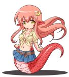  1girl artist_request belt blush breasts chibi cleavage fang hair_ornament hairclip lamia large_breasts long_hair looking_at_viewer miia_(monster_musume) monster_girl monster_musume_no_iru_nichijou navel pointy_ears redhead scales skirt slit_pupils smile solo yellow_eyes 