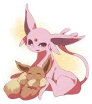  :3 ^_^ blush closed_eyes eevee emunise espeon full_body lying mother_and_child no_humans on_back pointy_ears pokemon pokemon_(creature) simple_background smile split_tail violet_eyes 