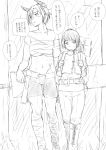  2girls backpack bag bangs bedroll belt boots chinese_clothes highres horns leg_wraps looking_to_the_side monochrome multiple_girls navel niwatazumi open_mouth original oversized_object pants parted_bangs pointy_ears ponytail sarashi shirt short_hair shorts sketch sword translation_request weapon 