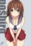  1girl bare_shoulders breasts brown_hair character_name cleavage cleavage_cutout commentary_request green_eyes kantai_collection large_breasts long_hair looking_at_viewer noshiro_(kantai_collection) red_skirt skirt solo yanagi_wakana 
