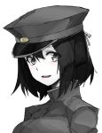  1girl :d akitsu_maru_(kantai_collection) angelo_(gomahangetsu) black_eyes black_hair hat kantai_collection looking_at_viewer military military_uniform open_mouth peaked_cap ribbon short_hair simple_background smile solo uniform upper_body white_background 