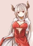  1girl alicia_(granblue_fantasy) baram breasts center_opening cleavage dress earrings gloves granblue_fantasy horns jewelry large_breasts long_hair pointy_ears red_dress red_eyes silver_hair simple_background sketch smile solo white_gloves 
