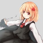  1girl ascot baram blonde_hair darkness grey_background hair_ribbon long_sleeves outstretched_arms red_eyes red_ribbon ribbon rumia shirt short_hair simple_background sketch skirt skirt_set smile solo spread_arms touhou vest white_shirt 