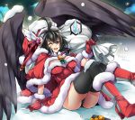  1girl ;d ahoge arm_at_side belt black_hair black_legwear black_panties black_wings bobblehat boots box breasts capelet cleavage cleavage_cutout dress eln_(sennen_sensou_aigis) eyebrows eyebrows_visible_through_hair fur_trim gift gift_box gloves hat hat_wings high_heel_boots high_heels holding knee_boots looking_at_viewer messy_hair one_eye_closed open_mouth panties pantyshot pantyshot_(sitting) red_boots red_dress red_gloves red_hat ribbon round_teeth sack santa_costume santa_gloves santa_hat sennen_sensou_aigis short_hair signature sitting smile snow snowing solo speech_bubble spoken_sweatdrop sweatdrop takatsuki_ichi teeth thigh-highs underwear white_wing wings winter yellow_ribbon 