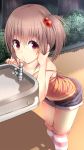  1girl brown_eyes brown_hair drinking_fountain highres looking_at_viewer navel original shorts solo strap_slip sukage thigh-highs 