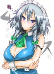  1girl :t alternate_costume annoyed bare_shoulders blue_eyes breast_hold breasts cleavage cleavage_cutout hair_between_eyes izayoi_sakuya leotard looking_up maid maid_headdress pout shippu-fx short_hair silver_hair solo touhou upper_body wrist_cuffs 