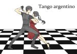  1boy 1girl black_gloves black_hair checkered checkered_floor dancing doudanuki_masakuni dress english female_saniwa_(touken_ranbu) gloves high_heels ponytail saniwa_(touken_ranbu) scar smile touken_ranbu tsugumi_(uzurabird) 