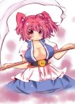  1girl belt blue_dress breasts cowboy_shot dress hair_bobbles hair_ornament large_breasts looking_at_viewer muuba no_bra onozuka_komachi open_clothes open_mouth open_shirt puffy_short_sleeves puffy_sleeves red_eyes redhead sash scythe shirt short_sleeves solo touhou twintails 