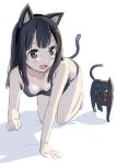  1girl all_fours animal_ears bangs barefoot black_cat blush breasts cat cat_ears cat_girl cat_tail commentary eyebrows eyebrows_visible_through_hair fang gochou_(atemonai_heya) hanging_breasts long_hair looking_to_the_side loose_clothes medium_breasts open_mouth original paw_pose shadow simple_background solo sweatdrop tail tank_top teeth white_background 