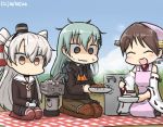  3girls @_@ amatsukaze_(kantai_collection) apron aqua_hair ascot blue_sky blush brown_dress brown_hair brown_legwear commentary curry curry_rice dated detached_sleeves dress empty_eyes food gloves hair_ornament hairclip hamu_koutarou head_scarf headgear hiei_(kantai_collection) kantai_collection long_hair multiple_girls nontraditional_miko outdoors picnic pot rensouhou-kun ribbon-trimmed_sleeves ribbon_trim sailor_dress short_hair sky smile sparkle suzuya_(kantai_collection) sweat thigh-highs trembling two_side_up white_gloves 
