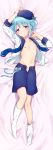  1boy absurdres arms_up bed_sheet beret blue_hair blue_hat blue_shorts buttons collarbone crying crying_with_eyes_open dakimakura ensemble_stars! expressionless eyebrows eyebrows_visible_through_hair from_above full_body hat head_tilt highres jacket kneehighs kneehighs_pull koji_miruku long_sleeves looking_at_viewer lying male_focus midriff navel nipples on_back open_clothes open_fly open_jacket otoko_no_ko panties shino_hajime shorts stomach tareme tears unbuttoned underwear violet_eyes white_jacket white_legwear white_panties 