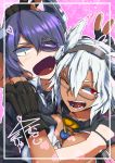  2girls :d blush border breast_squeeze breasts cleavage collar commentary_request dark_skin eyepatch fang fingerless_gloves glasses gloves hair_between_eyes headgear heart kantai_collection multiple_girls musashi_(kantai_collection) one_eye_closed open_mouth purple_hair red_eyes semi-rimless_glasses short_hair smile tenryuu_(kantai_collection) torichamaru translation_request twitter_username two_side_up v white_hair yellow_eyes 