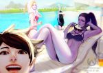  4girls abig33 absurdres ass bikini black_hair blonde_hair breasts brown_eyes brown_hair highres kotori_photobomb long_hair looking_at_viewer mercy_(overwatch) multiple_girls one-piece_swimsuit overwatch pharah_(overwatch) purple_hair purple_skin swimsuit tracer_(overwatch) water widowmaker_(overwatch) yellow_eyes 