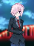  1girl alternate_costume alternate_hairstyle arm_behind_back blurry_background breasts commentary_request fate/grand_order fate_(series) formal glasses gloves hair_over_one_eye looking_at_viewer necktie pant_suit pants ponytail purple_hair red_necktie shielder_(fate/grand_order) short_hair sky smile solo suit tsuedzu violet_eyes 