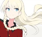  1girl alternate_hairstyle blonde_hair blue_eyes braid darjeeling girls_und_panzer hair_down hinomaru_(futagun) long_hair military military_uniform simple_background single_braid smile solo uniform white_background wind wind_lift 