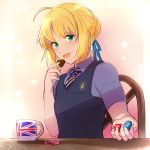  1girl ahoge bangs blonde_hair braid chocolate chocolate_heart coffee_mug cup fate/stay_night fate_(series) green_eyes hair_ribbon heart highres magical_ondine mug necktie open_mouth ribbon saber school_uniform short_hair smile solo sweater_vest union_jack vest 