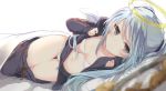  1girl black_eyes blue_hair blurry bra collarbone depth_of_field fake_halo highres jitto_mitsumeru_kimi_wa_datenshi kojiki-life looking_at_viewer lying navel on_bed on_side open_clothes panties pants_pull scan sleeves_past_wrists small_breasts solo thigh_gap underwear white_bra white_panties white_wings wings 