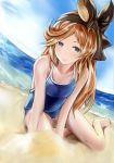  1girl alternate_costume arm_support barefoot beach blue_eyes blue_sky blue_swimsuit brown_hair closed_mouth collarbone competition_school_swimsuit eyebrows eyebrows_visible_through_hair granblue_fantasy hairband halterneck long_hair looking_at_viewer nannacy7 ocean on_ground one-piece_swimsuit outdoors sand sara_(granblue_fantasy) sitting sketch sky small_breasts smile solo swimsuit yokozuwari 